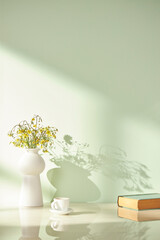 Vases and objects on the table in a warm room with sunlight coming in