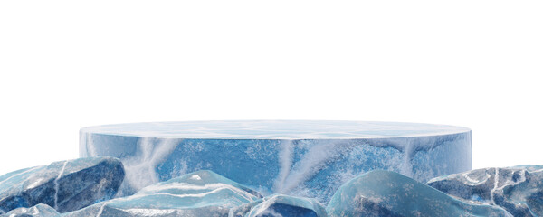 3d ice crack podium or 3d ice crack dais stage isolated. podium mock-up stand product scene on white isolated background. ice crack 3d podium stage blue isolated background