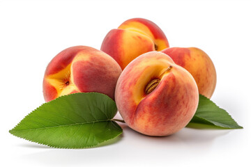peaches with leaves isolated on white background
