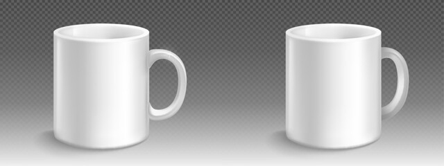 Realistic set of white mug mockups isolated on transparent background. Vector illustration of big ceramic cups with handles for drinking beverages, hot tea or coffee at home or in office. Place for