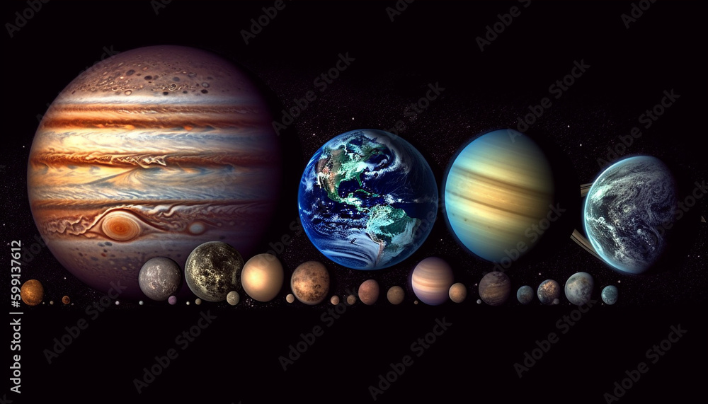 Poster glowing sphere orbits planet in dark space generated by ai