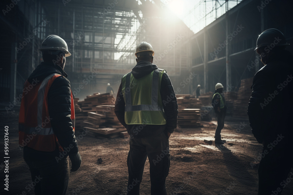 Poster group of builders working at construction site by taking pictures from the back with generative ai