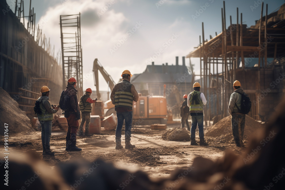 Poster group of builders working at construction site by taking pictures from the back with generative ai