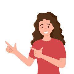 Female pointing finger indicating new commercial promotion advertisement in flat design on white background.