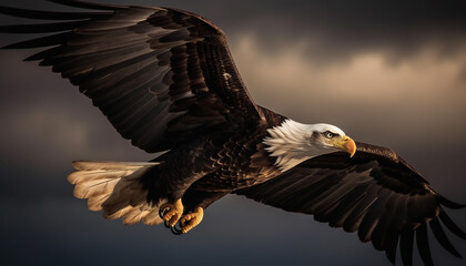 Majestic bald eagle flying in tranquil nature generated by AI