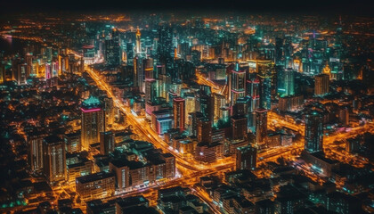 Fototapeta na wymiar Illuminated skyscrapers light up the city at night generated by AI
