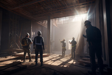 Group of builders working at construction site by taking pictures from the back with Generative AI