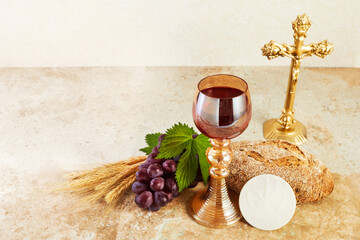 Fototapeta na wymiar Communion Still life with chalice of wine and bread