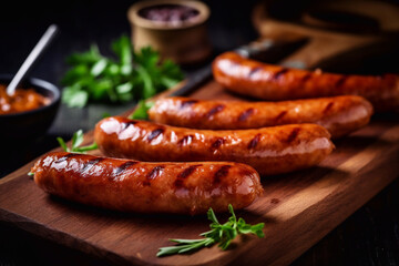grilled sausages. sausages, herbs and sauces lie on a wooden stand. AI Generated