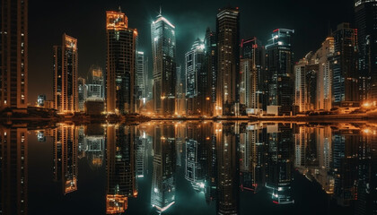 Futuristic skyscrapers illuminate the city skyline at dusk generated by AI