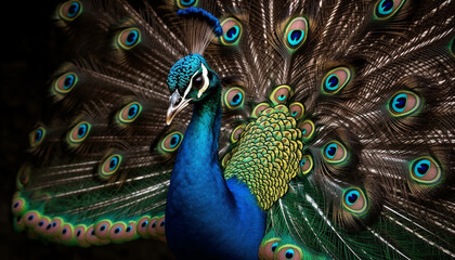 Fototapeta na wymiar Majestic peacock displays vibrant multi colored feather pattern generated by AI