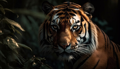Obraz premium Majestic Bengal tiger staring with aggression in forest generated by AI