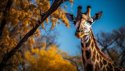 Giraffe cute face in the African savannah generated by AI