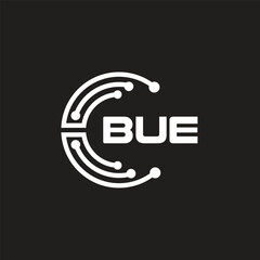 BUE letter technology logo design on black background. BUE creative initials letter IT logo concept. BUE setting shape design.
