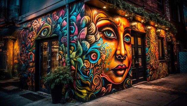 Vibrant city life illuminated by modern graffiti generated by AI