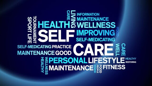 Self Care animated tag word cloud;text design animation kinetic typography seamless loop.
