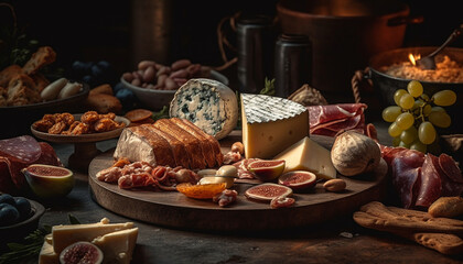 Variety of gourmet cheeses on rustic wood table generated by AI