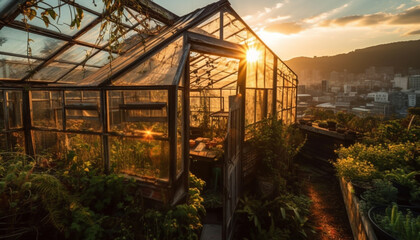 Greenhouse architecture illuminates plant growth industry at dusk generated by AI