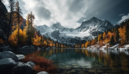 Obraz premium Majestic mountain peak reflects in tranquil pond generated by AI