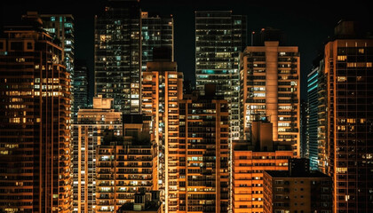 Fototapeta na wymiar Glowing skyscrapers illuminate the modern city skyline generated by AI