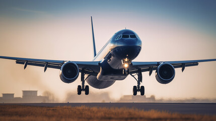 Naklejka premium The plane is taking off from the airport in the morning with a blue sky with Generative AI