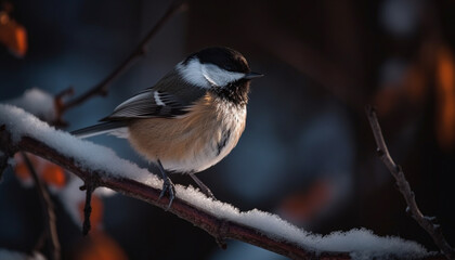 Fototapeta premium Great tit perching on snowy branch, looking cute generated by AI