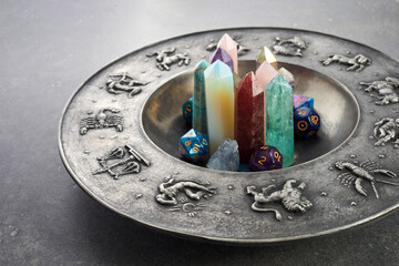 Crystals for healing, fortune telling and astrologhy circle on grey background. Esoteric and life...