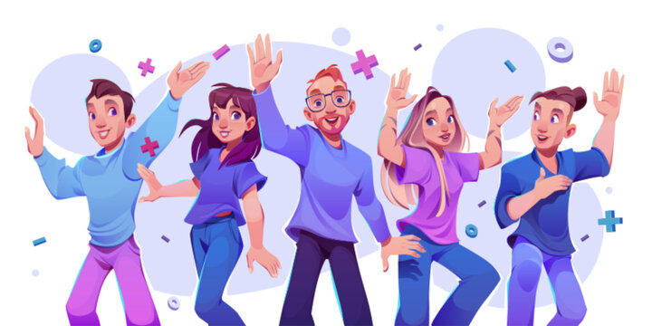 Successful company dream team. Vector cartoon illustration of active young men and women waving hands, smiling on white background. Startup business employees and boss. Happy people determined to win