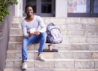 Relax, college and tablet with portrait of black man for learning, education or research. Smile, social media and technology with male student on stairs of university campus for app, digital or study