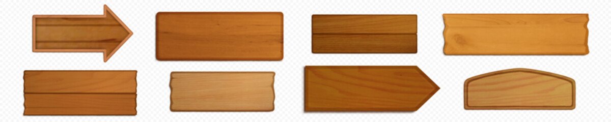 Vector wooden game signboard texture banner set. Wood material plank frame ui label on transparent background. Rustic blank arrow element and sign board for advertising or button design collection.