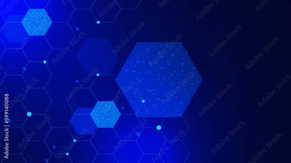 Poster abstract molecular structure with dots lines connection and hexagons. molecule for chemistry, medica
