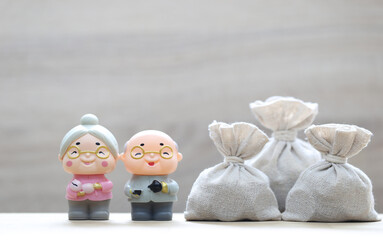Mutual fund,Love couple senior and gold coin money in the bag on  white background, Save money for prepare in future and pension retirement concept