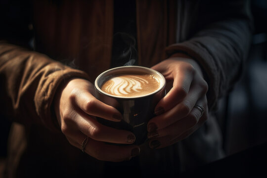 the hands of barista holding a mug of hot coffee with Generative AI