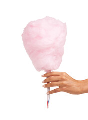 Cotton candy, sweet and woman hands isolated on a white background for snack, pink food and holiday treat. Person hand holding, giving or offer color cone for youth, childhood and festival in studio