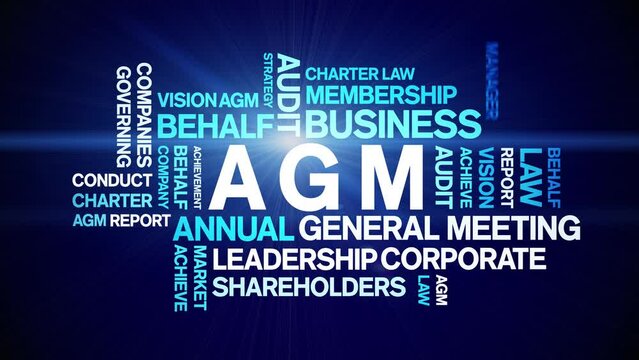 AGM - Annual General Meeting acronym animated tag word cloud;text design animation kinetic typography seamless loop.