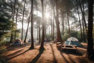 camping tents and camp furniture set up in a forest with blue sky with Generative AI
