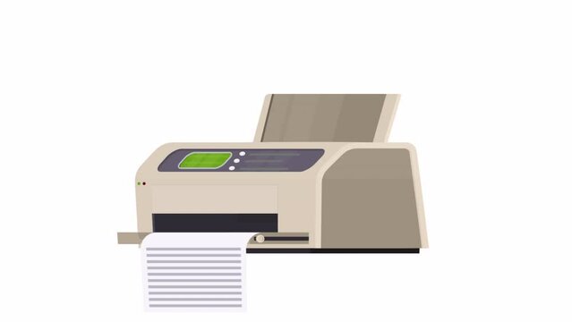 Printer. Animation graphic printer prints a document, alpha channel. Cartoon
