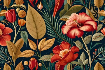 Beautiful background with hibiscus flowers and leaves Generative AI