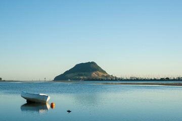 Old clinker dinghy lying on bottom in shallow water and Mount Maunganui in distance