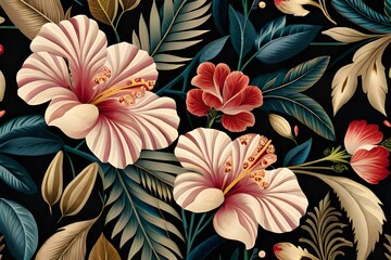 Beautiful background with hibiscus flowers and leaves Generative AI