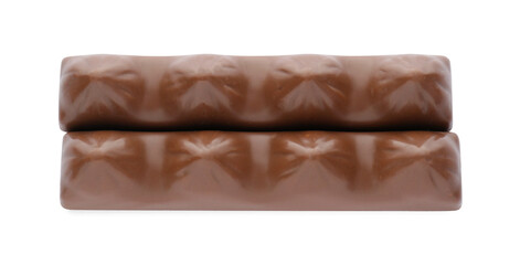 Sweet tasty chocolate bars on white background, top view