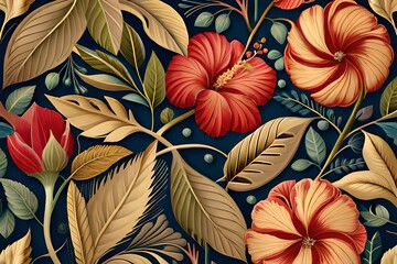 Obraz na płótnie Canvas Beautiful background with hibiscus flowers and leaves Generative AI