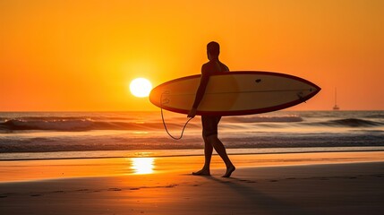 Sunset surfer on a pristine beach. Silhouette with surfboard at the ocean shoreline.