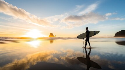 Sunset surfer on a pristine beach. Silhouette with surfboard at the ocean shoreline.