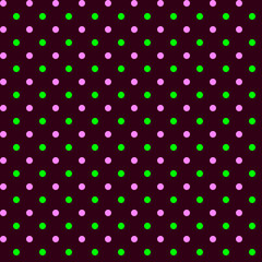 Bright geometric doted seamless pattern Green pink polka dots isolated on a dark brown background