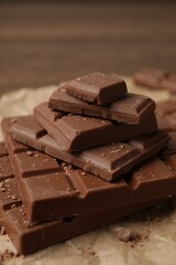 Pieces and crumbs of tasty chocolate bars on table, closeup
