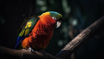 Obraz premium Vibrant macaw perching on branch in nature generated by AI