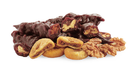 Delicious sweet churchkhelas with walnuts and dried figs isolated on white
