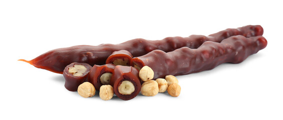 Delicious sweet churchkhelas with nuts isolated on white