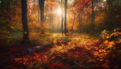 Obraz premium Vibrant autumn colors paint tranquil forest scene generated by AI
